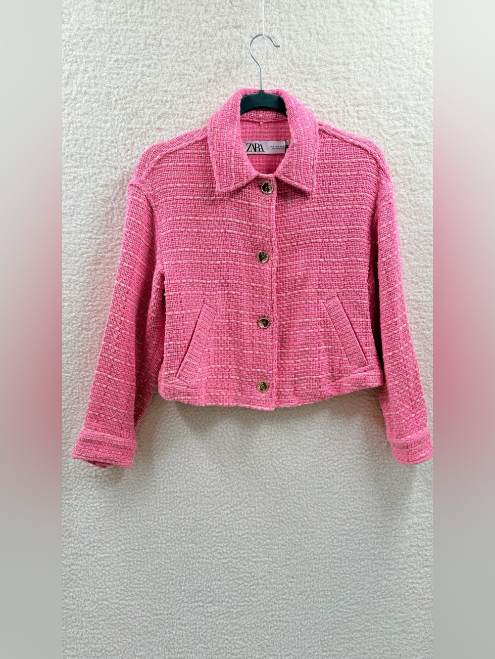 ZARA Pink Textured Cropped Button-Up Jacket Size L NWT
